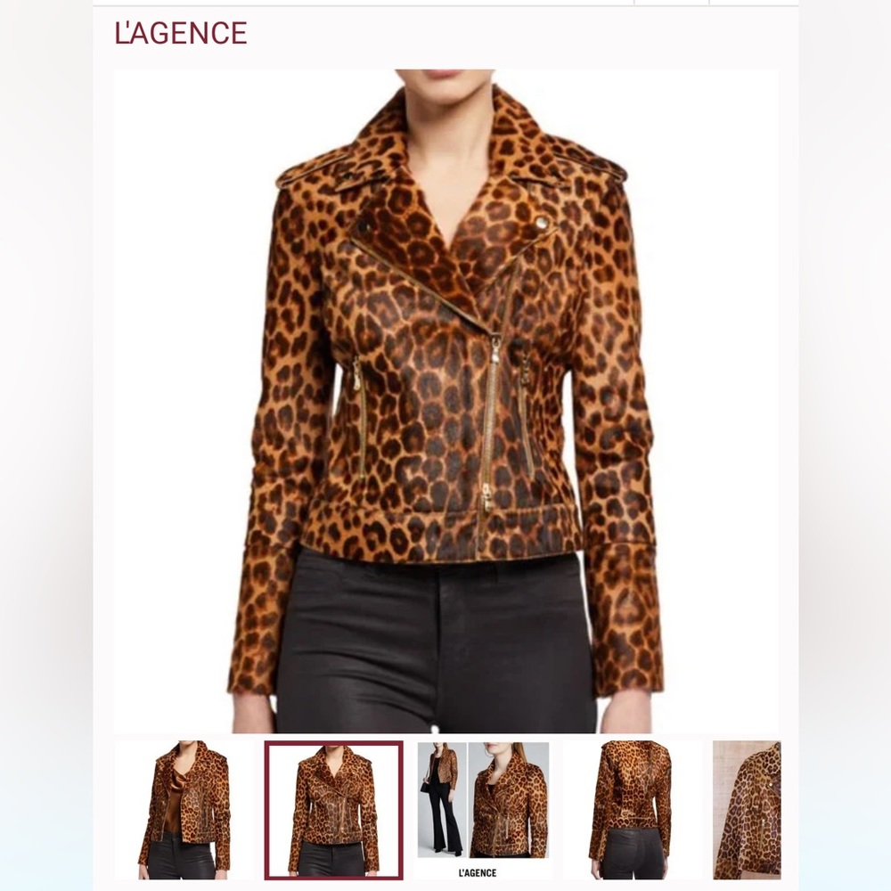 NWT / L'AGENCE Leopard-Print Real Goat Hair Biker Jacket. $1850